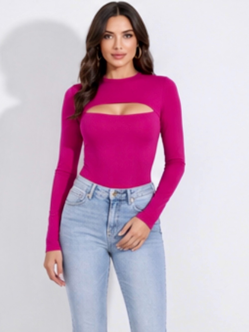 Susana Monaco Women's Slit Front Long Sleeve Top Magenta Hot Pink Size L NWT